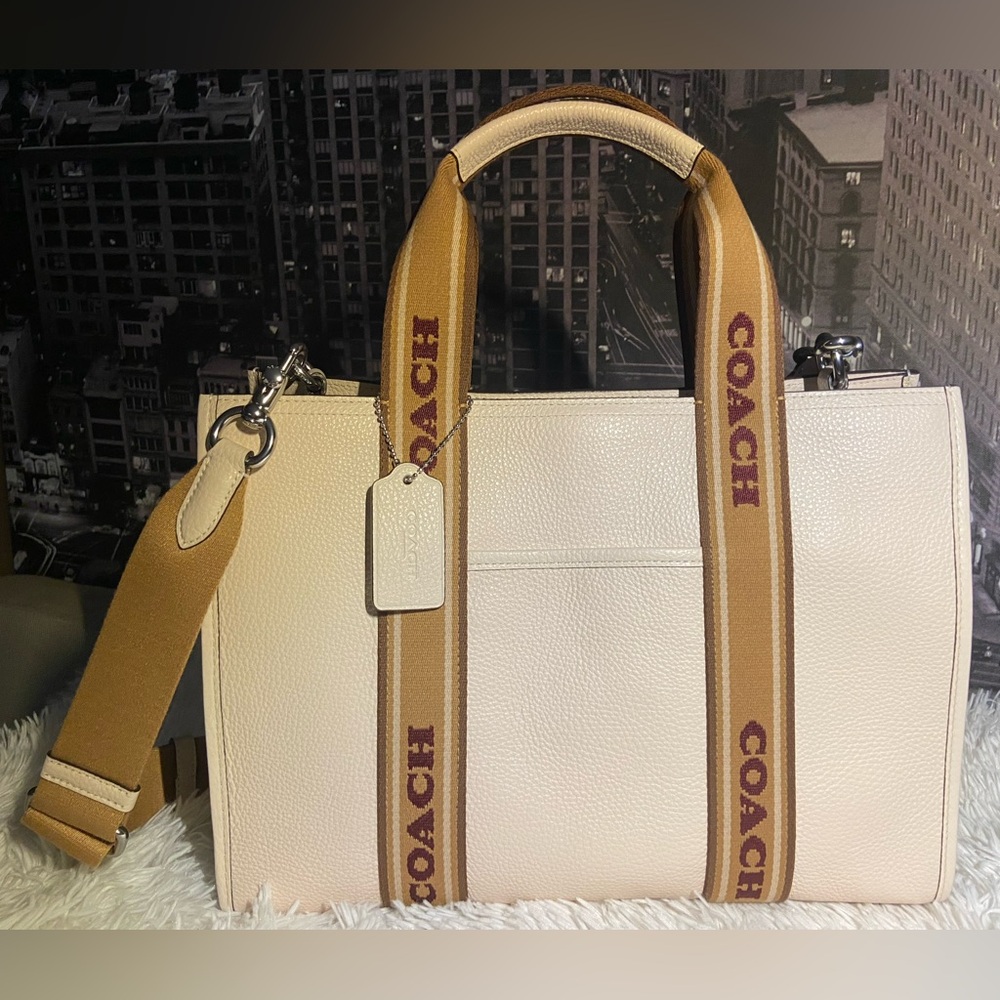Coach SMITH TOTE BAG Cream Pebbled Leather Tote with Tan Branded Straps